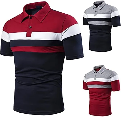 Vista 2 de Camisas polo de golf clásicas de algodón con bloques de color para hombre, estilo casual, manga corta, ajuste regular, camisetas de contraste