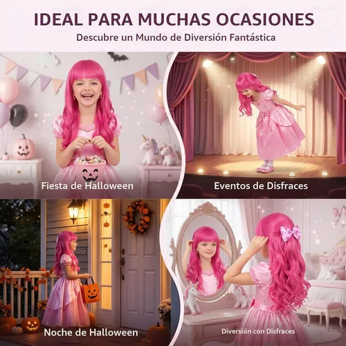 Vista 6 de Peluca larga ondulada rosa con aretes de lazo para disfraz de princesa