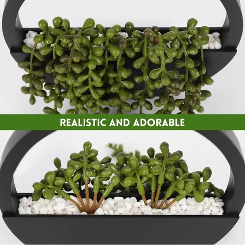 Vista 3 de Floweroyal 2pcs Plantas Suculentas Artificiales Colgantes 20.1'' Cadena de Perlas Falsas en Maceta con Cordón de 9.4'' para Decoración de Pared
