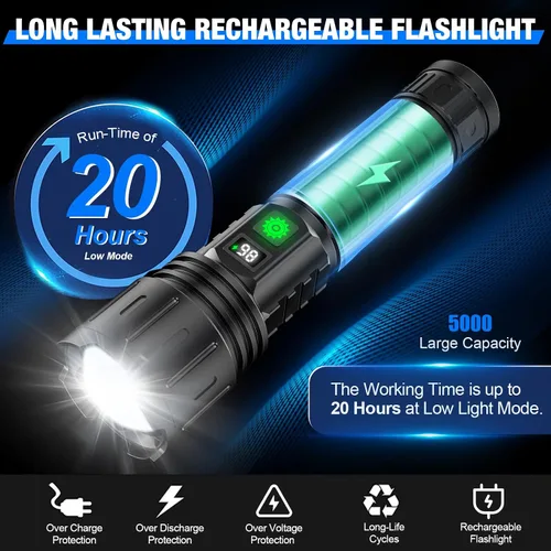 Vista 4 de Banral Linternas LED recargables de alto lúmenes, 5000 mAh súper brillante potente linterna, tipo C, 5 modos, zoomable, IPX5 impermeable de alta 1P
