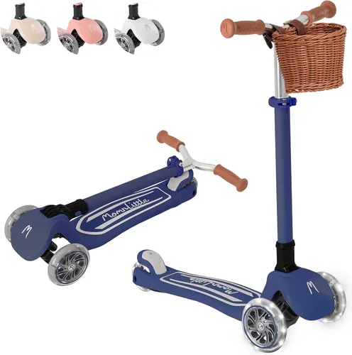 Vista 13 de MomnLittle - Patinete para niños de 3 a 10 años (beige/rosa/azul marino/blanco) de 3 ruedas con luces LED, certificado por la CPSC plegable y 4