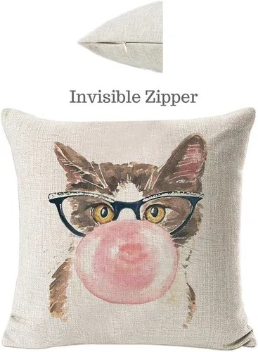 Vista 2 de Juego de 4 fundas de almohada de lino y algodón con diseño de gatos y animales para sofá, cama, patio, automóvil, 18 x 18 pulgadas