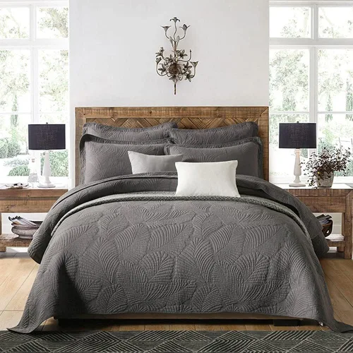 Vista 4 de vctops Juego de edredón de algodón con bordado de hojas de 3 piezas, colcha reversible ligera y reversible con 2 fundas de almohada para todas
