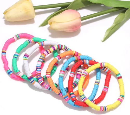 Vista 3 de NVENF Pulseras Heishi de arco iris para mujer, apilables, de vinilo africano, con cuentas, elásticas, bohemias, en capas, para surfistas, accesorios