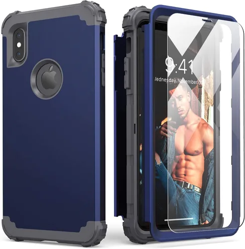 Vista 13 de IDweel Funda para iPhone Xs Max con protector de pantalla de vidrio templado, absorción de golpes 3 en 1, protección resistente, cubierta de Negro