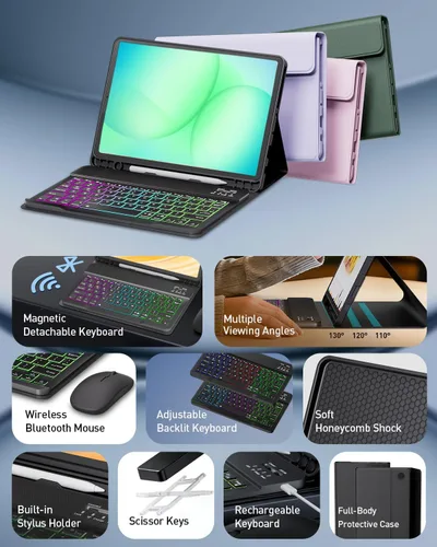 Vista 3 de Funda de teclado para tableta Samsung Galaxy Tab A11 Plus de 11 pulgadas 2025 / A9+ Plus 2023, teclado y mouse inalámbricos con retroiluminación