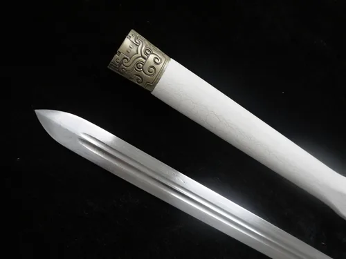 Vista 8 de Espada china/Han jian/Hoja de acero al carbono medio/vaina de pintura de cuero blanco