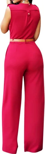 Vista 2 de Pink Queen Overol para mujer, cuello en V, sin mangas, pierna ancha, pantalones largos