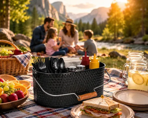 Vista 3 de Bedding Craft Organizador de utensilios galvanizado – Soporte de metal para cocina, picnic y fiestas, organizador rústico para negro, cubiertos