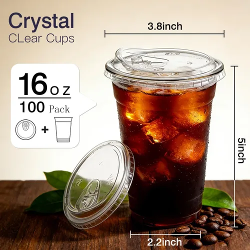 Vista 2 de ARTLYMERS Paquete de 100 vasos de plástico transparente de 16 onzas con tapas, tazas desechables para café helado con tapas para sorbos para bebidas