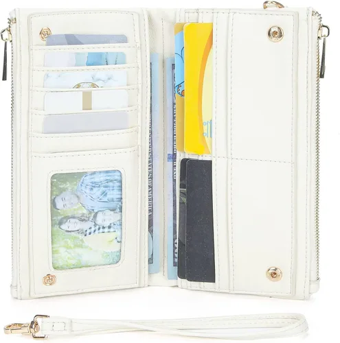 Vista 2 de Earnda Cartera fina con llavero y pulsera para mujer, organizador de tarjetas de crédito, bolso grande de viaje para mujer, Blanco, Classic