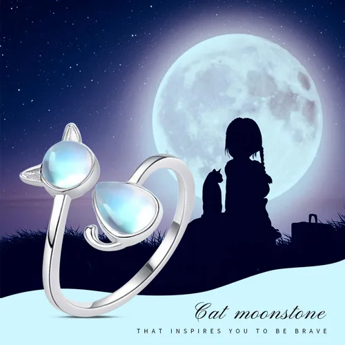 Vista 3 de CHENGHONG Anillo de plata de ley 925 con piedra de luna anillos de animales abiertos joyería de gato de la suerte regalos para mujeres y niñas