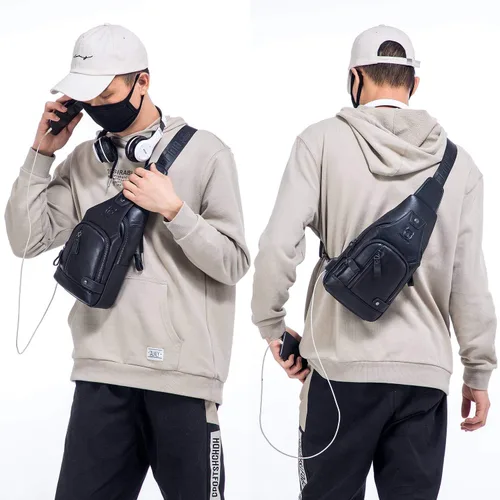 Vista 7 de BULLCAPTAIN Bolso bandolera de cuero para hombre, bolso cruzado de hombro casual, mochilas de viaje, senderismo, mochila con puerto de carga USB