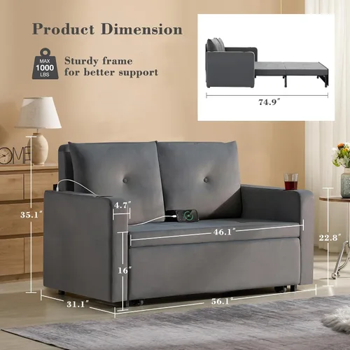 Vista 2 de Krcix Sofá cama extraíble 3 en 1, sofá cama de terciopelo de 56 pulgadas, sofá biplaza convertible para sala de estar, espacio pequeño, sofá cama