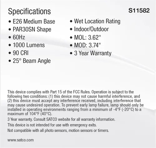 Vista 5 de Satco S11582; LED PAR30SN de 11 vatios; base media; acabado plateado; CCT seleccionable; 120 voltios; ángulo de haz de 25 grados