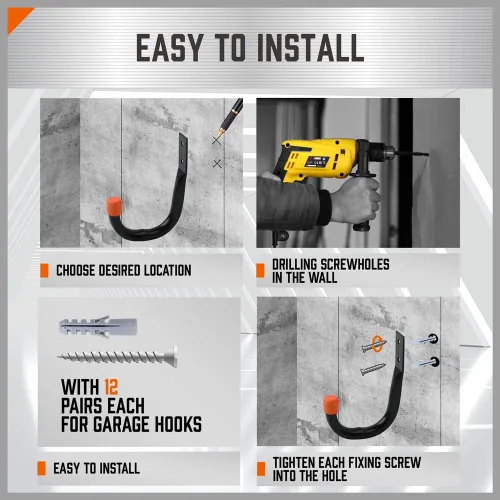 Vista 6 de HORUSDY 6-Pack Heavy Duty Metal Wall Hooks, Large Garage Storage & Organization Hooks for Tools, Extension Cords, Ladders, and Bags, Wall Mount J