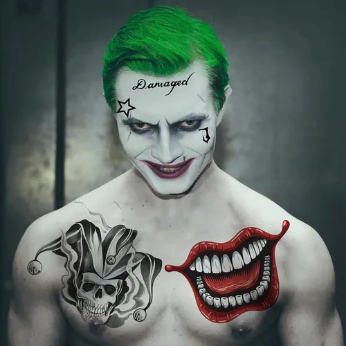 Vista 5 de VANTATY 5 hojas de tatuajes temporales 3D de Halloween Joker para hombres, mujeres y adultos, gótico, estilo de Halloween, impermeable, patrón de A