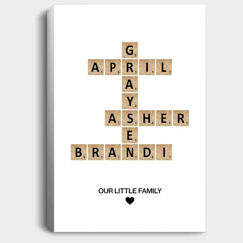 Vista 4 de Cartel o lienzo personalizado con nombre de la familia, estampado de Scrabble de crucigrama, mosaico de letras familiares, rompecabezas con nombre