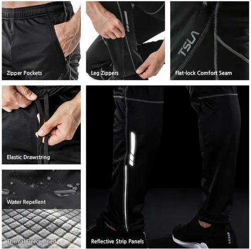Vista 4 de TSLA - Pantalones deportivos de ciclismo antiviento y térmicos para hombre, forrados de vellón, para exteriores, para el invierno y clima frío