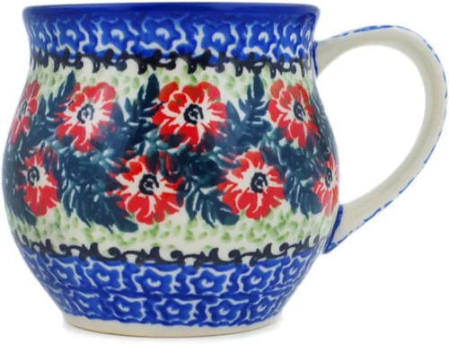 Vista 34 de Auténtica taza de burbujas de cerámica polaca de 13 onzas en diseño amarillo hecho a mano en Bolesławiec Polonia por Ceramika Bona + certificado