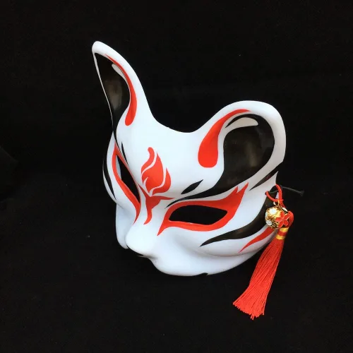 Vista 3 de Kitsune Mask Máscaras Kabuki para disfraz de disfraz de zorro y medio gato, accesorios de decoración de pared