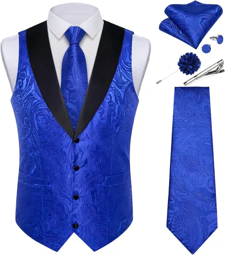 Vista 20 de DiBanGu Chaleco de traje de cachemira para hombre, chaleco jacquard de seda y corbata, chaleco formal de cuello de chal, 7 piezas para fiesta