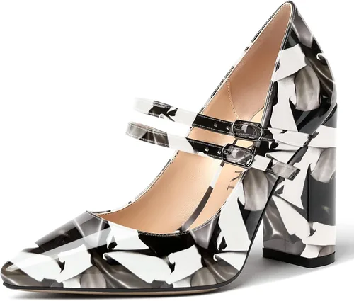 Vista 8 de MERRORI Vestido sólido con correa ajustable para mujer, con hebilla de patente, puntera puntiaguda, tacón alto, zapatos de 4 pulgadas Beige