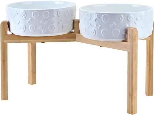 Vista 39 de SPUNKYJUNKY Cuencos elevados de cerámica para perros, 5.1 pulgadas, para comida de perros y gatos, cuencos elevados con soporte de bambú Verde oscuro