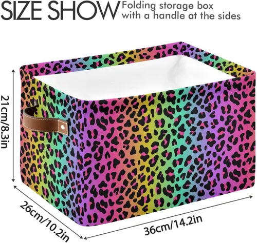 Vista 3 de Bolaz Cesta de almacenamiento grande con diseño de leopardo y arcoíris, plegable, con asas, para dormitorio, hogar, oficina