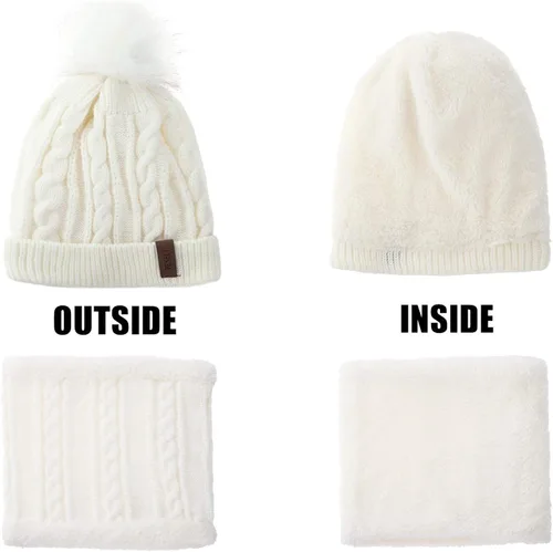 Vista 3 de UOUDIO Conjunto de gorro de punto con pompones para mujer y hombre gorro de esquí de invierno gorro de calavera holgado con forro polar