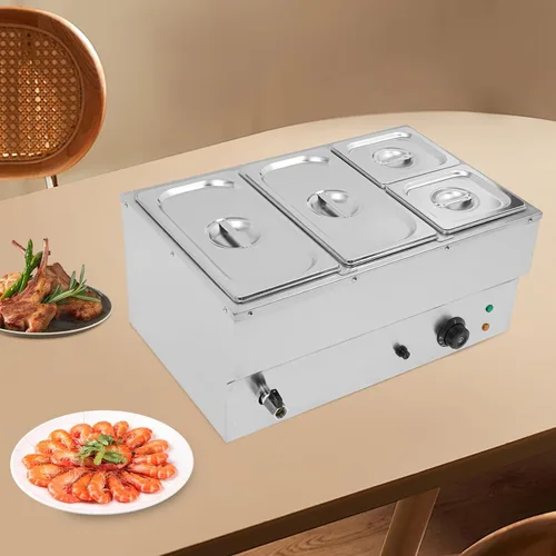 Vista 8 de Calentador de sopa de alimentos de 110 V, 4 sartenes, mesa de acero inoxidable de grado alimenticio, encimera comercial, cafetería de buffet
