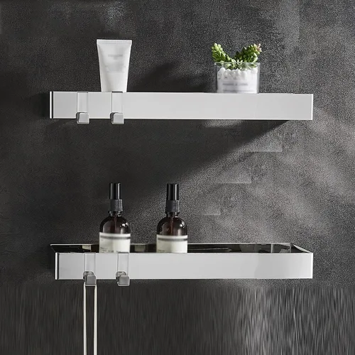 Vista 7 de Wallmounted Bathroom Shelf Floating Organizer with Hooks for Toiletries & Cosmetics 2Tier Black Rectangular Storage Rack for Shower & Kitchen