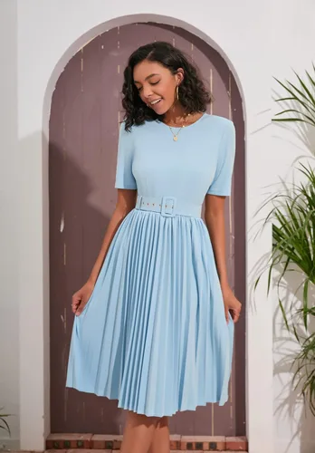 Vista 4 de IWFEV Vestido plisado de manga corta para mujer, vestido largo liso con cinturón