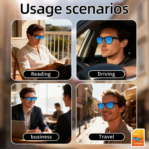 Vista 7 de Lentes Bluetooth inteligentes AI, Bluetooth 5.4, lentes de sol de traducción de oreja abierta con 144 idiomas y acentos, lentes polarizados UV400