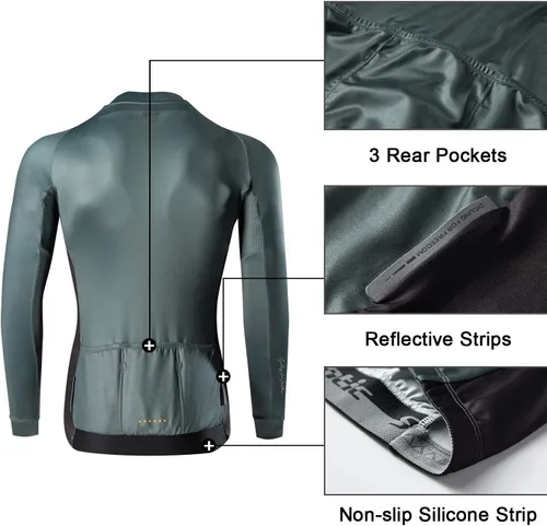 Vista 41 de Santic - Camiseta de ciclismo para hombre, manga larga, reflejante, cremallera completa, con bolsillos