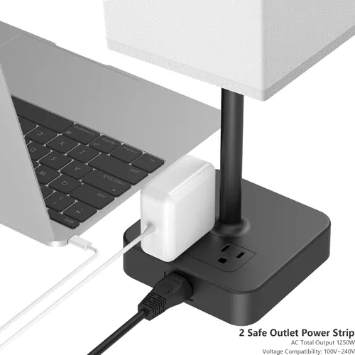 Vista 5 de Lámpara de mesa de noche con control táctil y puertos de carga USB C+A, lámpara de escritorio LED con 2 salidas de CA, luz minimalista para mesita