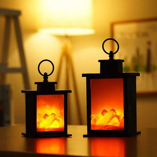 Vista 3 de Farol de chimenea pequeño y acogedor tradicional realista con efecto de llama de leña, luz LED, estilo carbón, lámpara de mesa