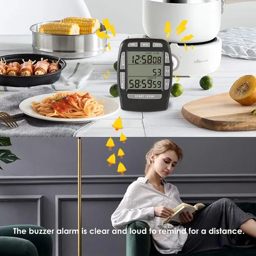 Vista 7 de Temporizador triple de cocina digital, seguimiento de cuenta regresiva y cuenta regresiva, recordatorio de zumbador fuerte, batería reemplazable
