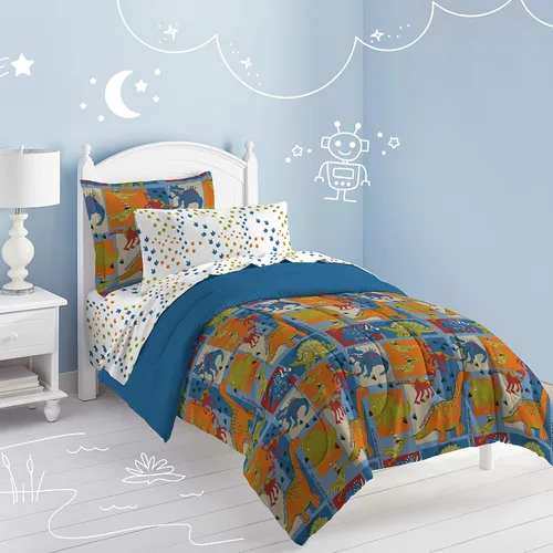 Vista 5 de Dream Factory Dinosaur Blocks - Juego de edredón de microfibra ultrasuave para niños, color azul, tamaño individual Bloques de dinosaurios azules