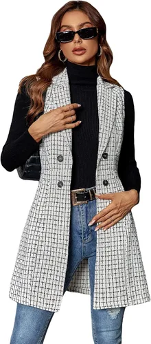 Vista 5 de GORGLITTER Chaqueta larga a cuadros de doble botonadura para mujer sin mangas chaqueta larga con bolsillos