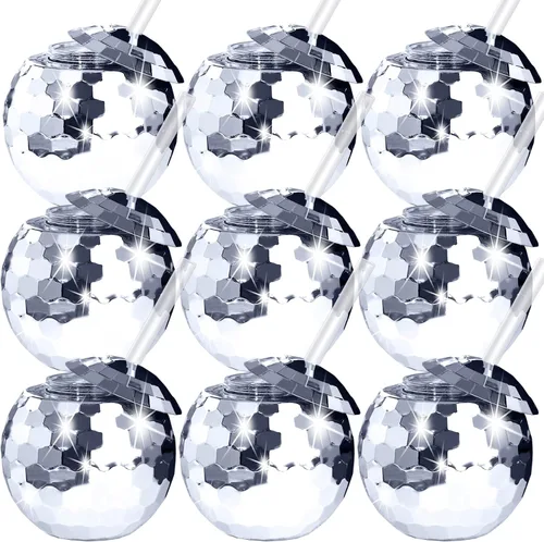 Vista 8 de 6 tazas de bola de discoteca esféricas plateadas, bola de disco flash, taza de cóctel, taza de cóctel con purpurina brillante con tapa y pajita