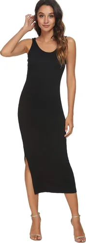 Vista 2 de CMZ2005 Vestido sin mangas con cuello redondo para mujer, vestido largo con abertura lateral, vestido largo casual de punto acanalado, vestido