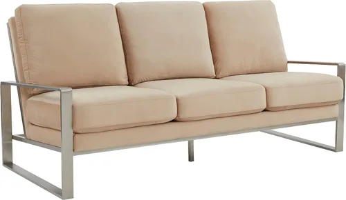 Vista 3 de LeisureMod Jefferson - Sofá moderno de terciopelo de 3 plazas con marco plateado, contemporáneo, para sala de estar, color beige