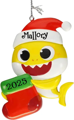 Vista 5 de Kurt S. Adler Adorno de tiburón bebé, con licencia oficial, calcetín de Navidad con diseño de tiburón, decoración de árbol de vacaciones con nombre