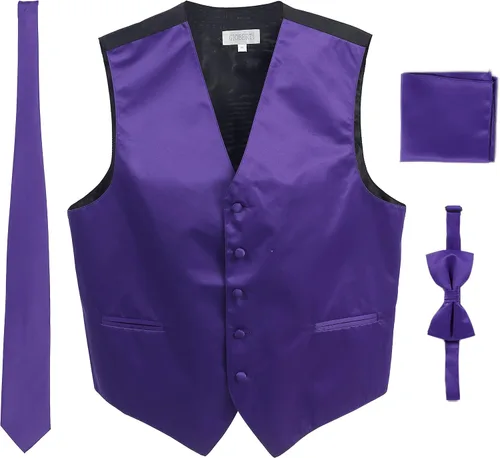 Vista 15 de Gioberti Chaleco formal de satén de 4 piezas para hombre, corbatín y pañuelo de bolsillo Negro D