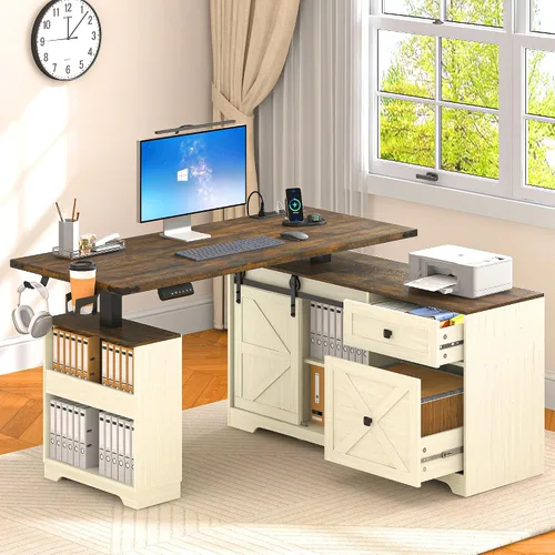 Vista 10 de St.Mandyu Escritorio eléctrico de pie en forma de L, escritorio de computadora ajustable de altura de 55 pulgadas con cajón de archivos, puerta