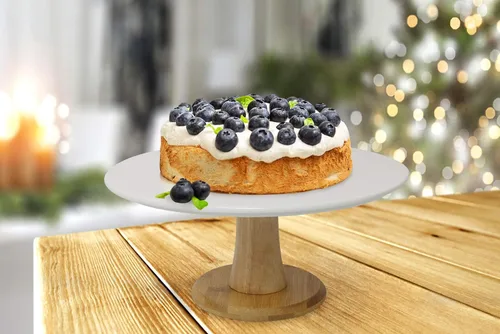 Vista 6 de Soporte de cerámica blanca para tartas con base de bambú, soporte para pasteles y postres para bodas y cumpleaños, decoración de cocina y hogar