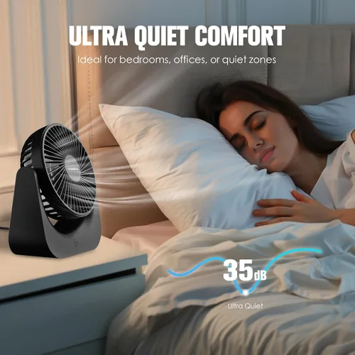 Vista 7 de TRILINK Pequeño ventilador de escritorio USB – Mini ventilador de mesa de 5 velocidades con inclinación ajustable, ultra silencioso, alimentado por