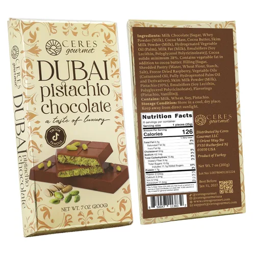 Vista 3 de Ceres Gourmet Dubai - Paquete de 3 barras de chocolate y pistacho (7 onzas cada uno), caramelo de chocolate con leche Dubai prémium con relleno