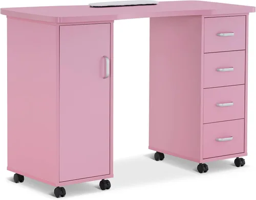 Vista 10 de BarberPub Mesa de manicura resistente a acetona, escritorio de tecnología de uñas con 4 cajones, 2 gabinetes, ruedas bloqueables, muñequera,